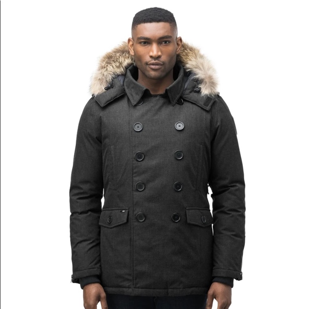 Men's Black Double-Breasted Coat with Fur Hood